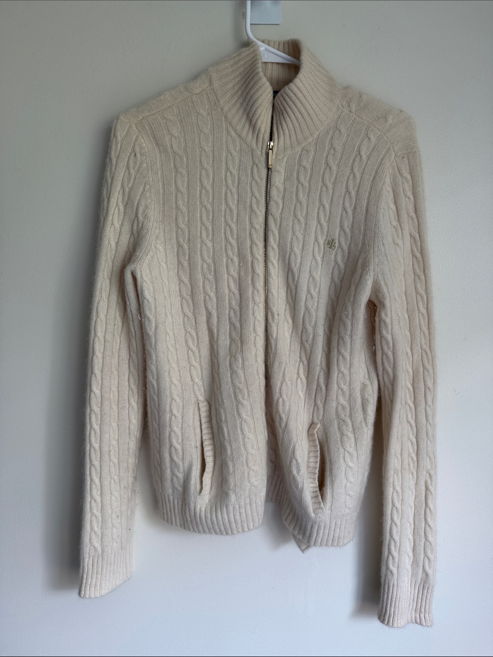 Ralph Lauren Ivory 100% Cashmere Zip Cardigan with Gold Zipper